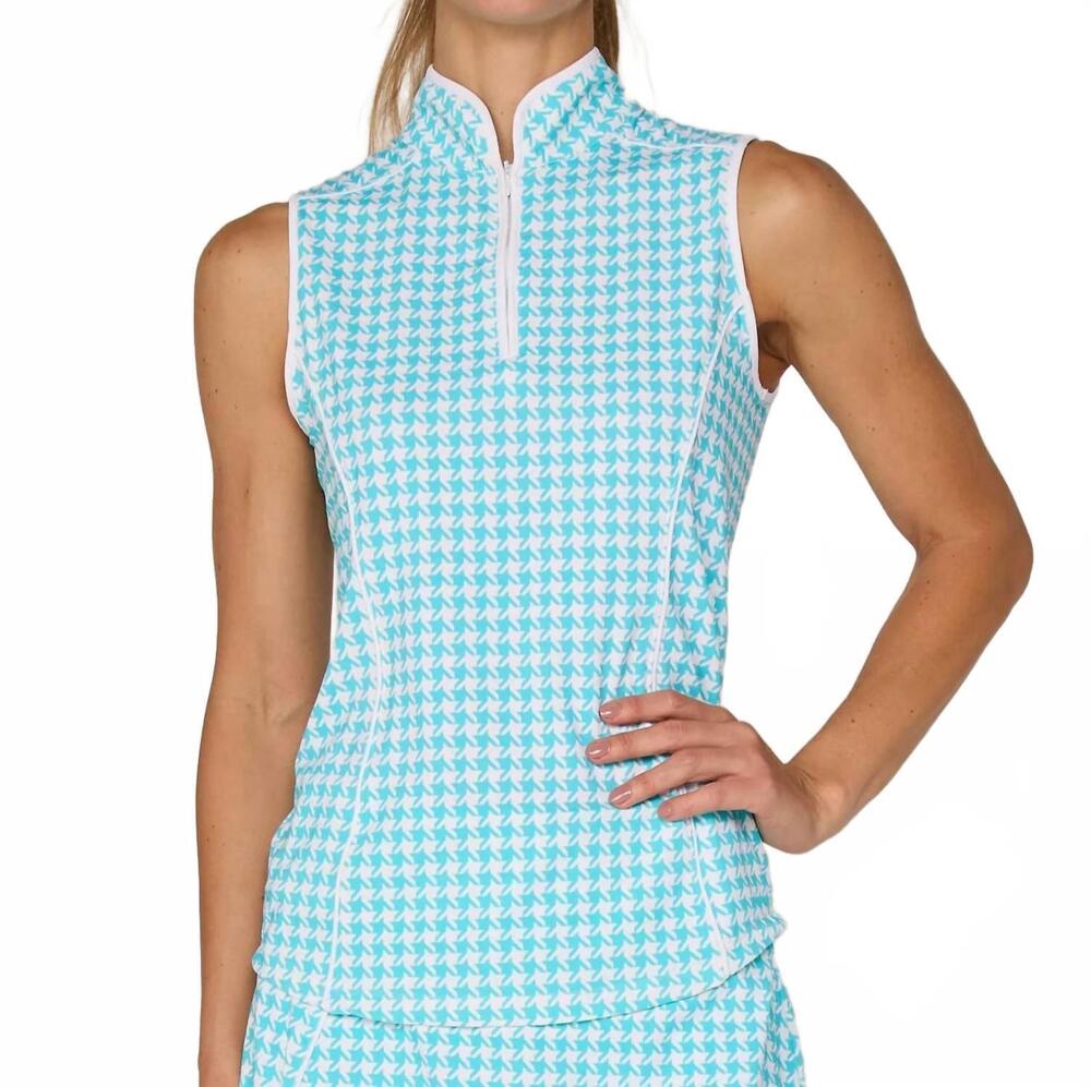 NEW G LIFESTYLE piping mock neck performance top in car. turq. houndstooth